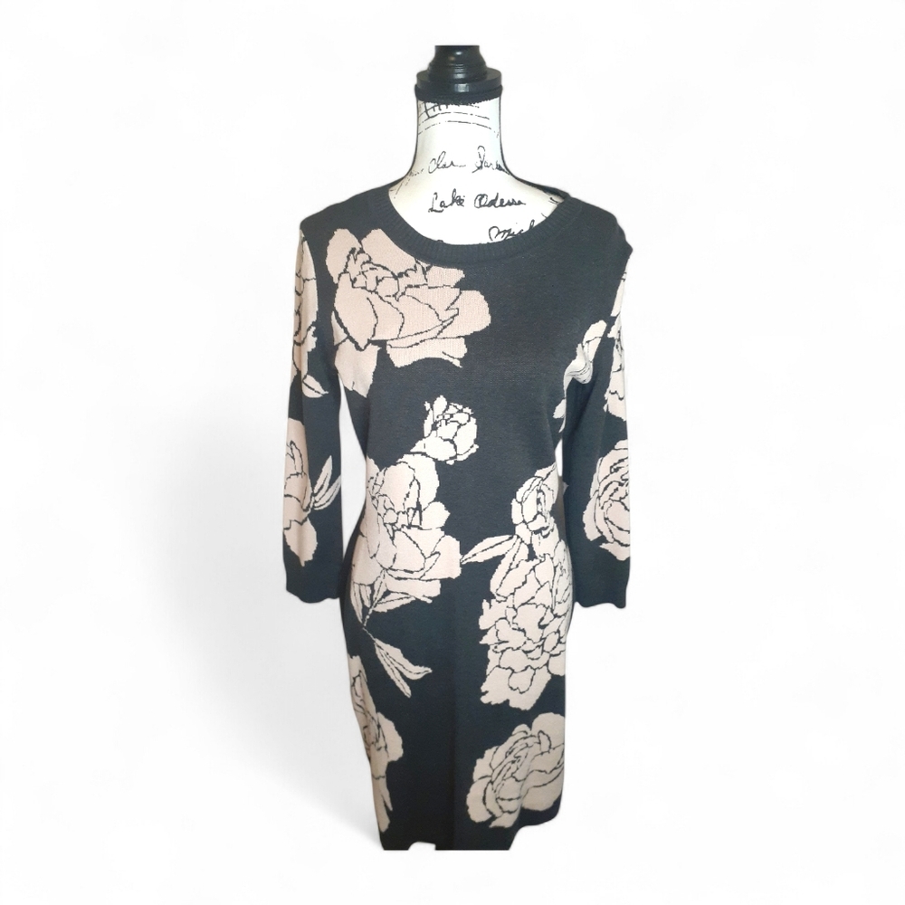 LIKE NEW Calvin Klein Sweater Dress Floral Design Gray Pink Size Large